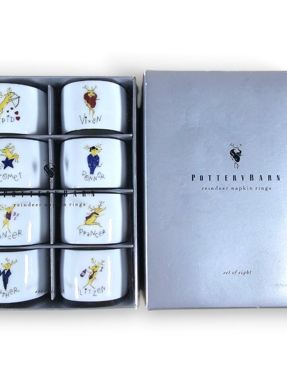 Pottery Barn Reindeer Napkin Rings Set of 8 Christmas Porcelain Japan with Box
